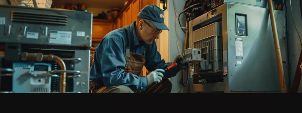 a local technician inspecting a furnace, surrounded by maintenance tools, in a cozy home setting.