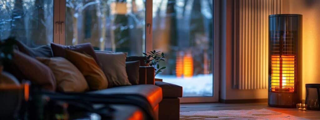 a modern gas heater glowing warmly in a cozy living room, surrounded by sleek electric heating panels and a high-tech smart thermostat.