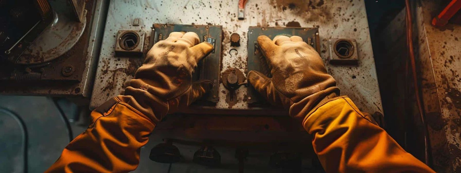 a pair of gloved hands reaching for the ignition switch on a dusty, non-starting heater.