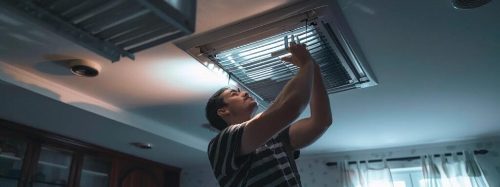 a person changing the air filter of an electric heating system in a clean, well-lit room.