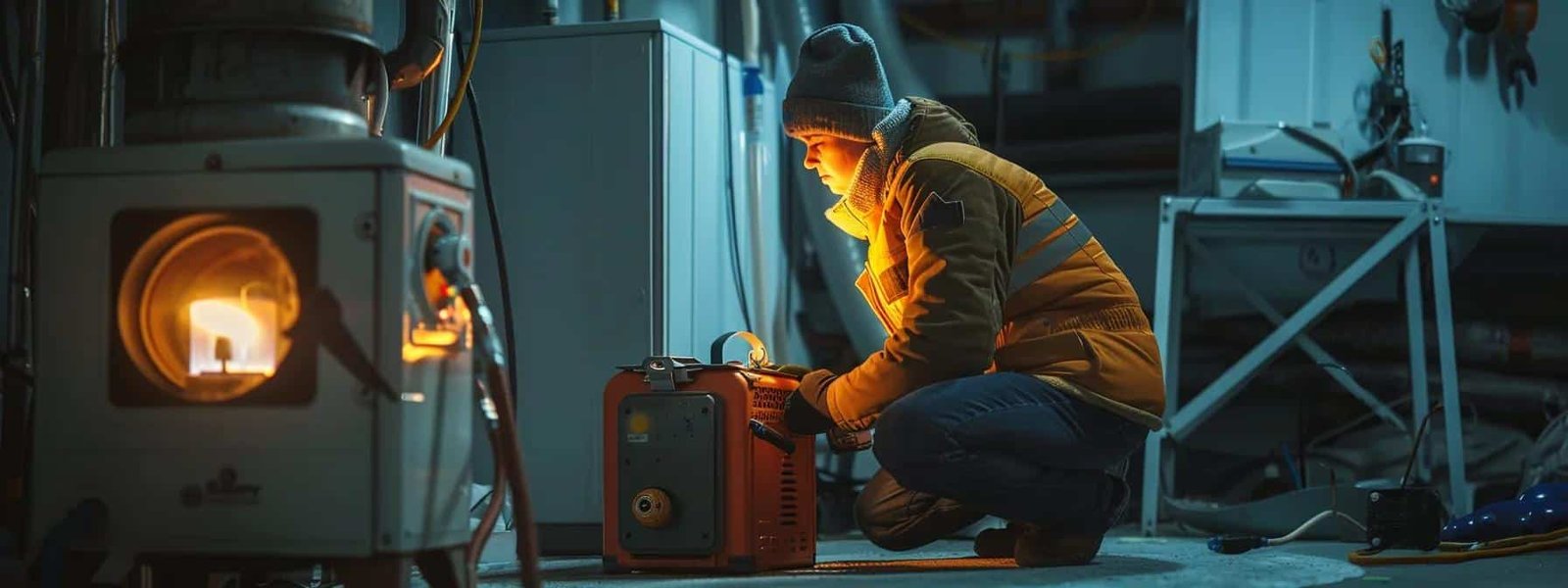 a person confidently holding a toolbox, kneeling in front of a heater, inspecting the pilot light.