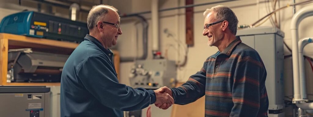 a person confidently shaking hands with a friendly, knowledgeable furnace repair technician in a well-lit room.