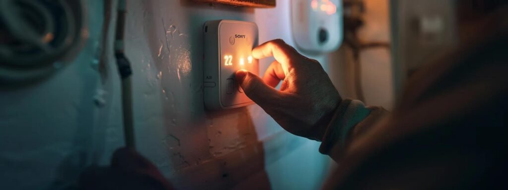 a person holding a thermostat while checking the temperature setting and inspecting the power supply for any electrical issues.