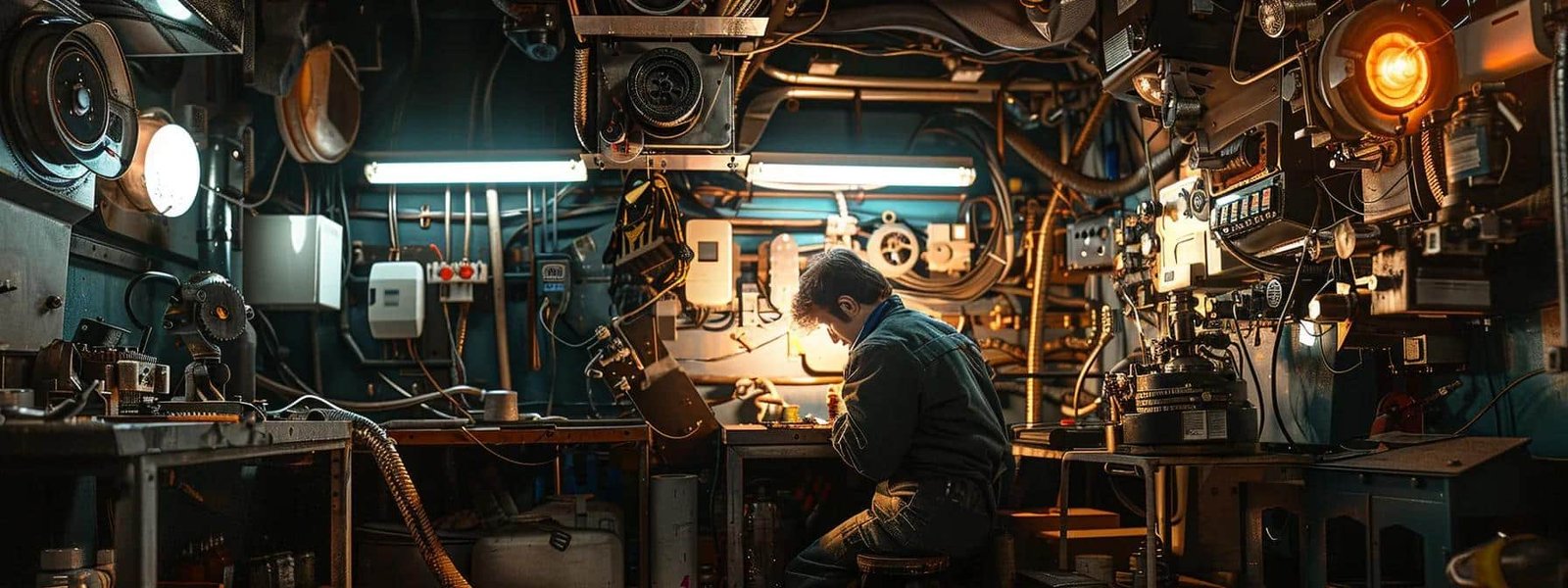 a person in coveralls meticulously inspecting the inner mechanisms of a furnace with a flashlight, surrounded by various tools and spare parts.