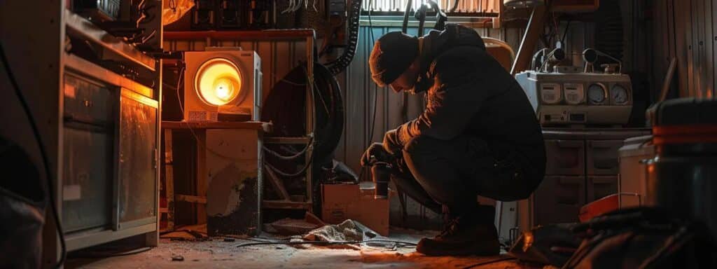 a person inspecting a dusty thermostat with a toolbox nearby, surrounded by various types of heaters, in a dimly lit room.