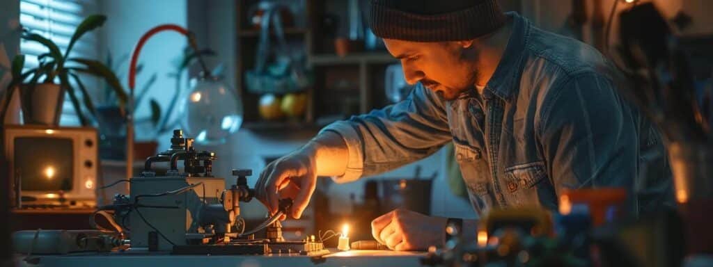 a person inspecting a glowing pilot light in a dimly lit room, surrounded by tools and a clean filter, highlighting meticulous troubleshooting techniques for a heating system.