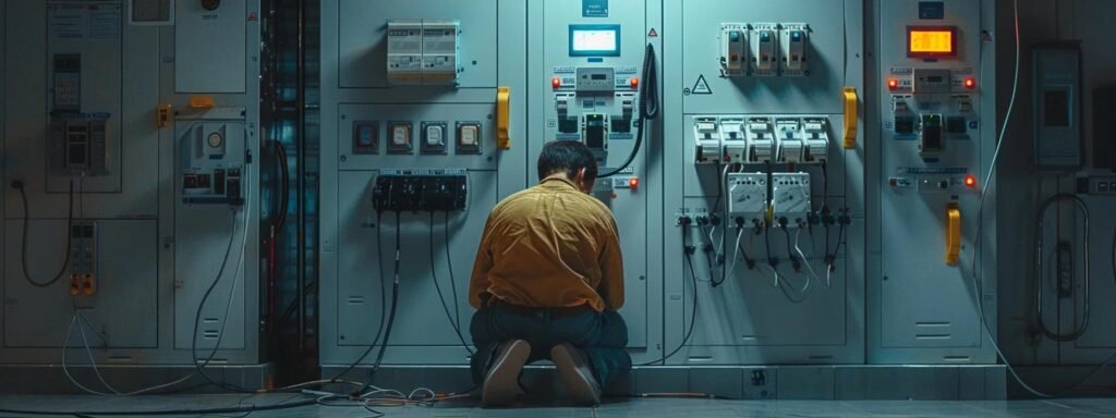 a person kneeling in front of a thermostat, surrounded by electrical panels and switches, checking the settings and voltage levels for troubleshooting purposes.