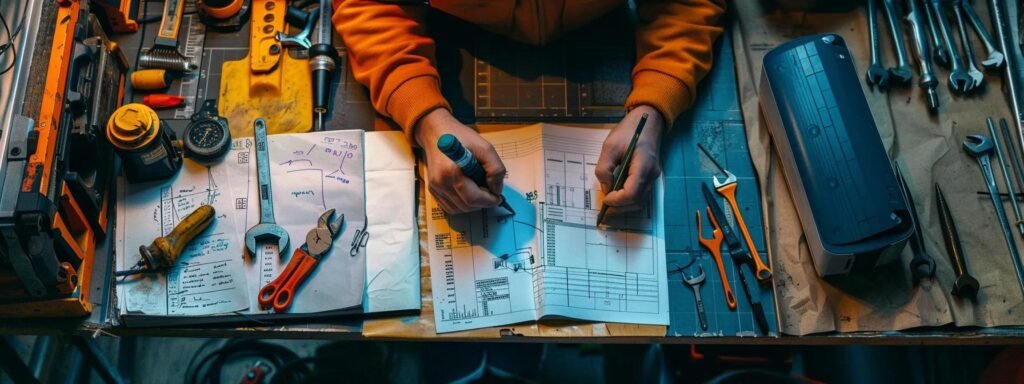 a person scheduling a maintenance check for their heater, surrounded by tools and a notebook with maintenance tips.