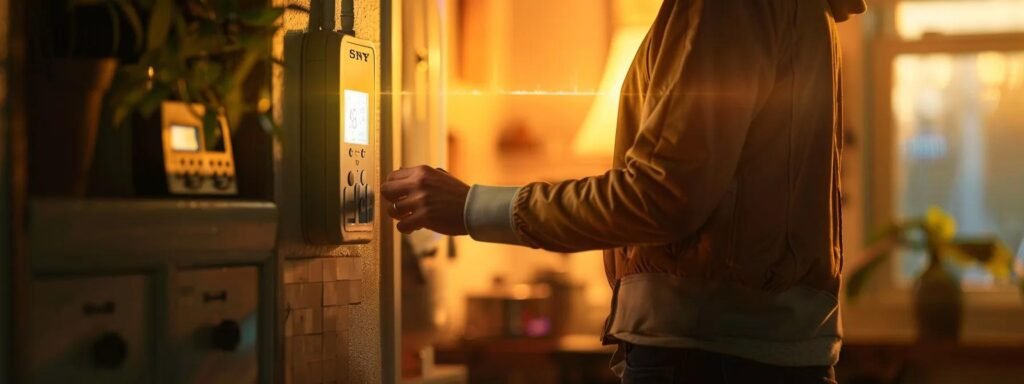 a person standing in front of a thermostat, checking the batteries and settings with a circuit breaker and emergency shutoff switch nearby.