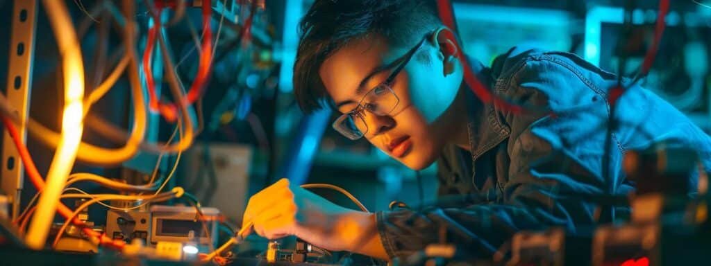 a person testing the power supply of a heater, surrounded by tools and equipment, with a determined expression on their face.