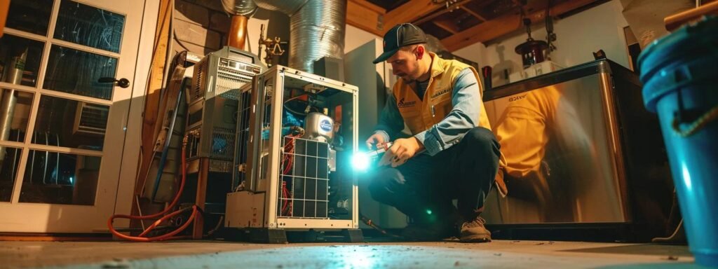 a professional hvac technician inspecting a heating unit, surrounded by tools and equipment, in a well-lit room.