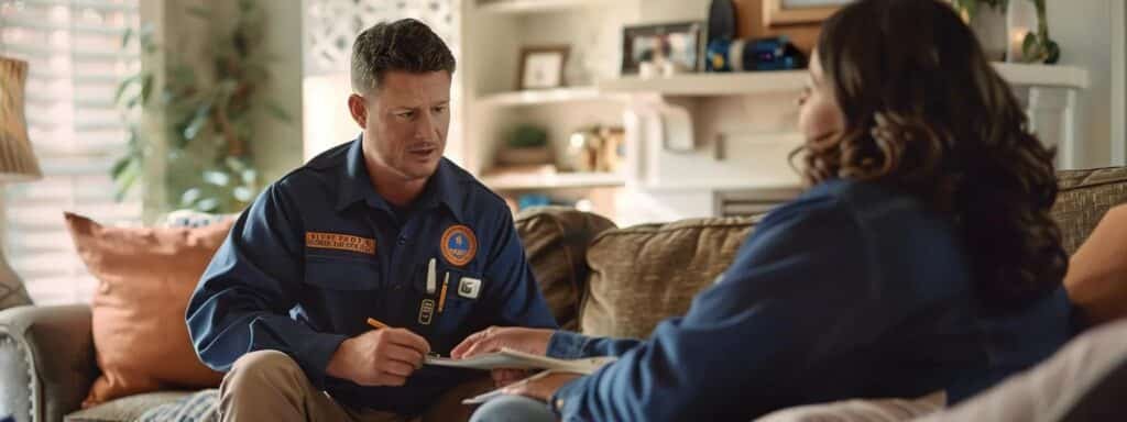 a professional technician in a uniform, displaying their certification badge, answering questions from a homeowner in a cozy living room.