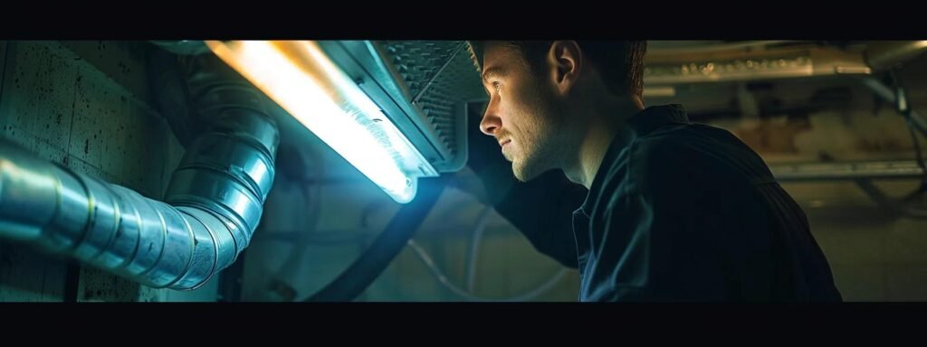 a professional technician inspecting a dusty, clogged air filter in a dimly lit furnace room.