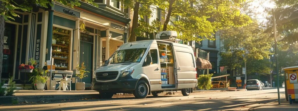 a repair technician from a local company drives a fuel-efficient van filled with eco-friendly tools, surrounded by thriving neighborhood businesses, showcasing sustainability in action.