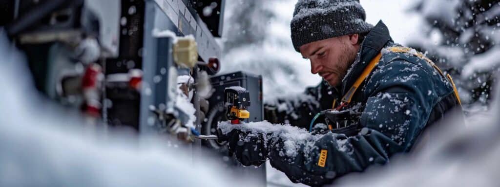 a skilled local technician using specialized tools in a snowy landscape to repair a furnace, ensuring efficient and tailored service.