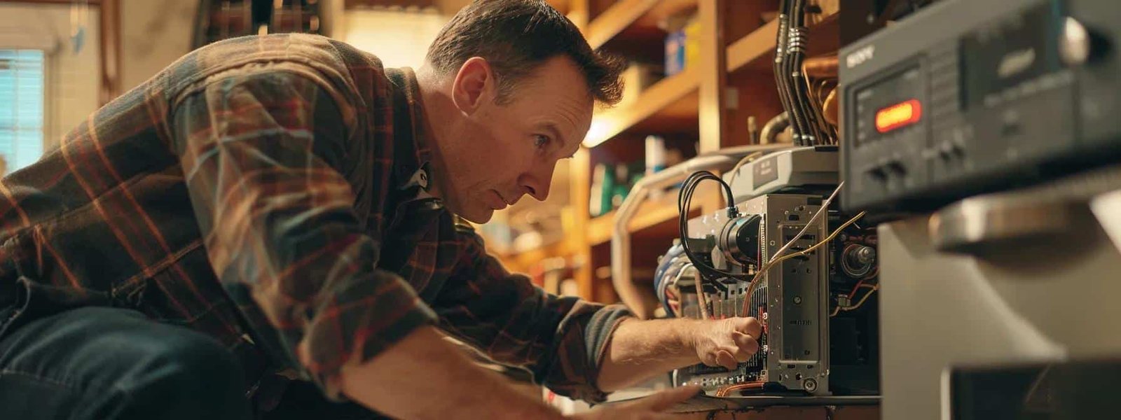 a skilled technician expertly repairing a furnace in a cozy home setting.