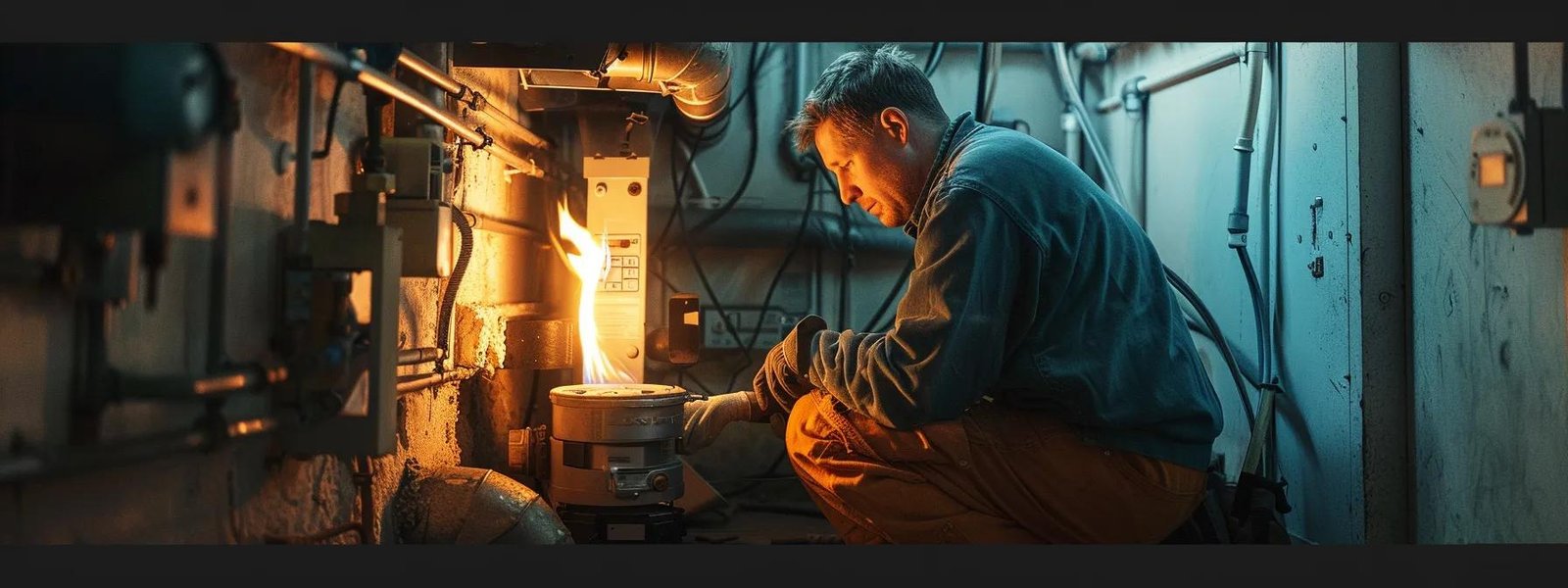 a skilled technician frantically repairing a blazing furnace in a dimly lit basement.