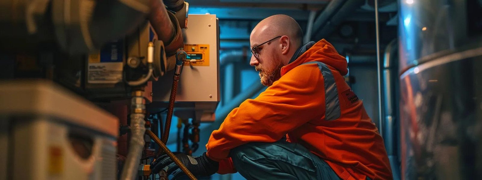 a skilled technician in a bright orange uniform inspecting a furnace inside a cozy home on a chilly winter day.