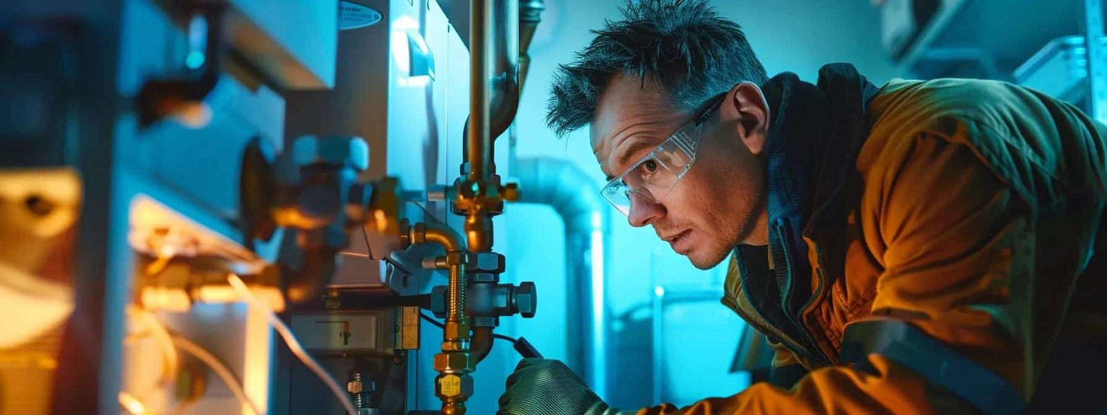 a skilled technician inspecting a modern furnace with precision tools.