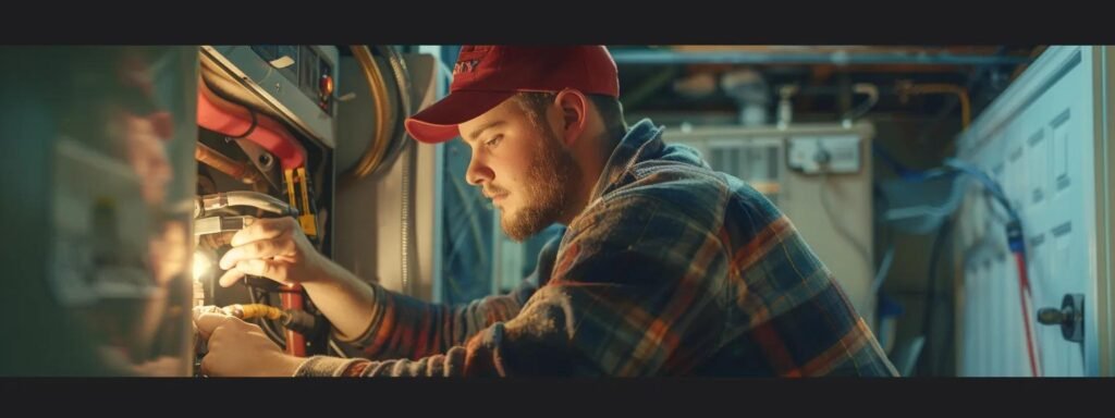 a skilled technician working efficiently to repair a furnace in a cozy home setting, surrounded by tools and equipment with a sense of urgency.