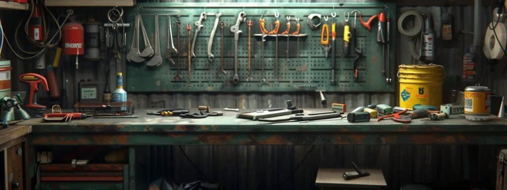 a sturdy workbench filled with organized screwdrivers, pliers, and a multimeter, surrounded by safety equipment and cleaning supplies for furnace maintenance.