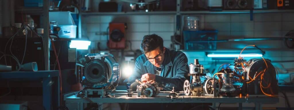 a technician examining a blower motor with a flashlight, surrounded by various internal components of a heating system in a dimly lit room.