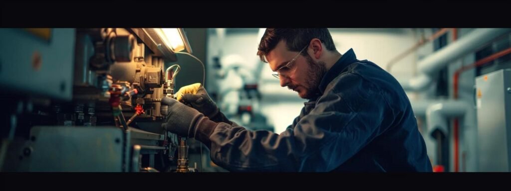 a technician examining the combustion chamber of a furnace, surrounded by tools and diagnostic equipment.