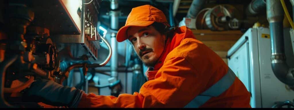 a technician in a bright orange uniform inspecting a furnace with a concerned expression, surrounded by tools and diagnostic equipment.