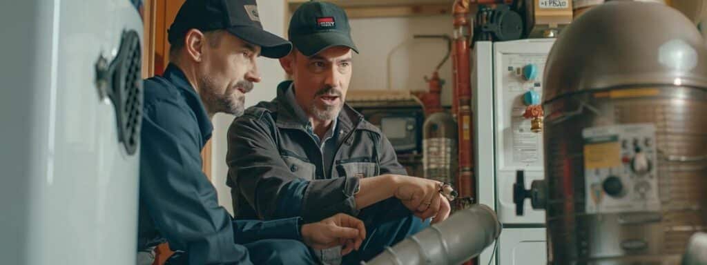 a technician in a specialized uniform inspecting a heating system with a concerned homeowner looking on, emphasizing the importance of professional help and maintenance agreements.