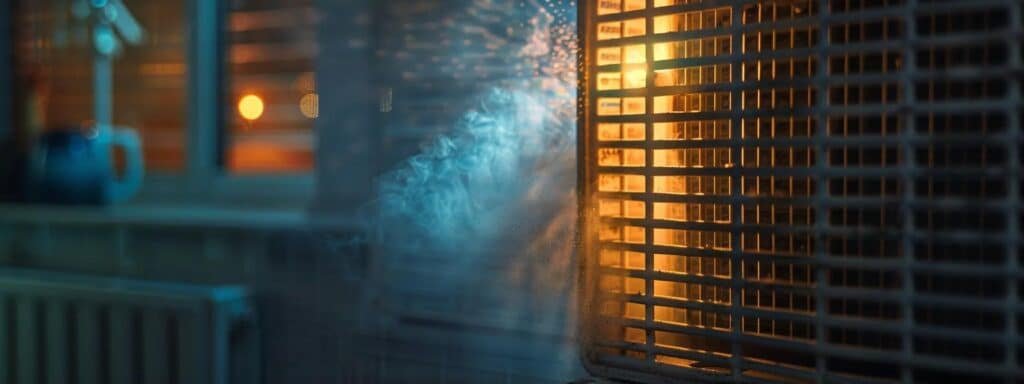 a technician inspecting a dusty air filter next to a blocked vent, with a flickering thermostat in the background.