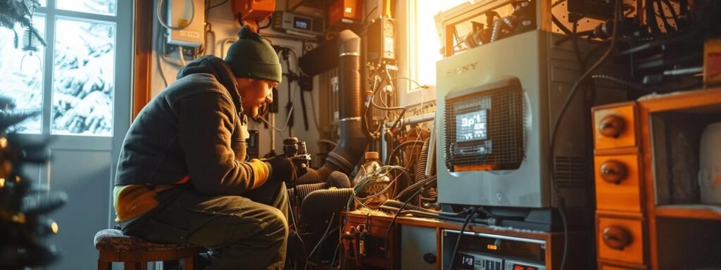 a technician inspecting a heater system in a cozy home, surrounded by tools and equipment, ensuring a warm winter ahead.