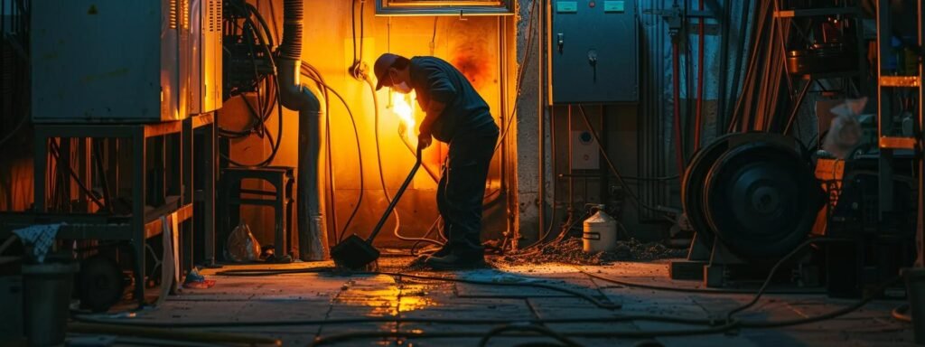 a technician using a vacuum to clear debris from a non-starting heater, with a bright orange flame visible in the background.