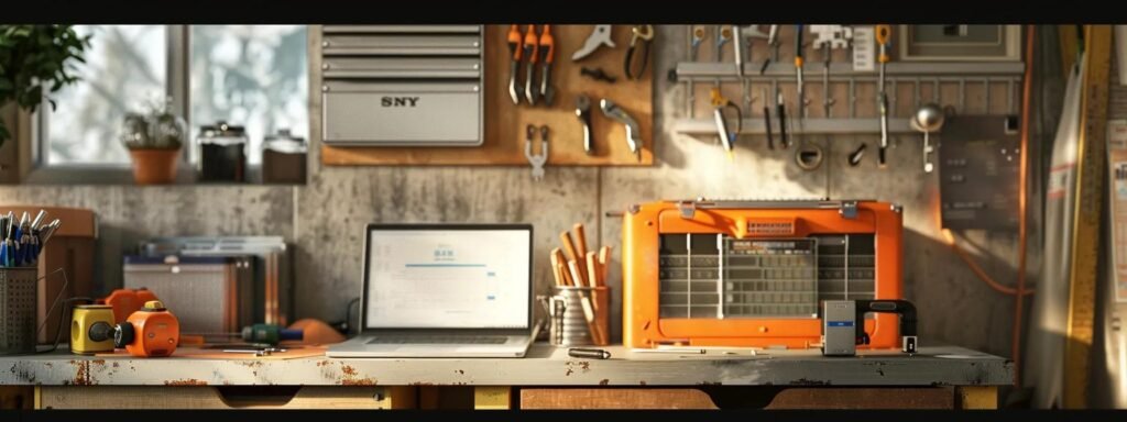 a toolbox with essential tools for heater repair, an open laptop showing online guides, and a list of nearby hvac professionals pinned on a bulletin board.