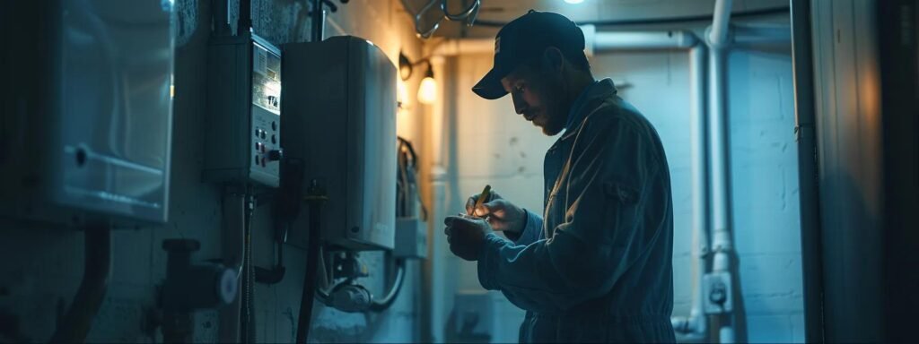 an hvac technician inspecting electrical connections, thermostat settings, air filters, vents, ducts, and components in a dimly lit utility room to diagnose non-responsive heaters.