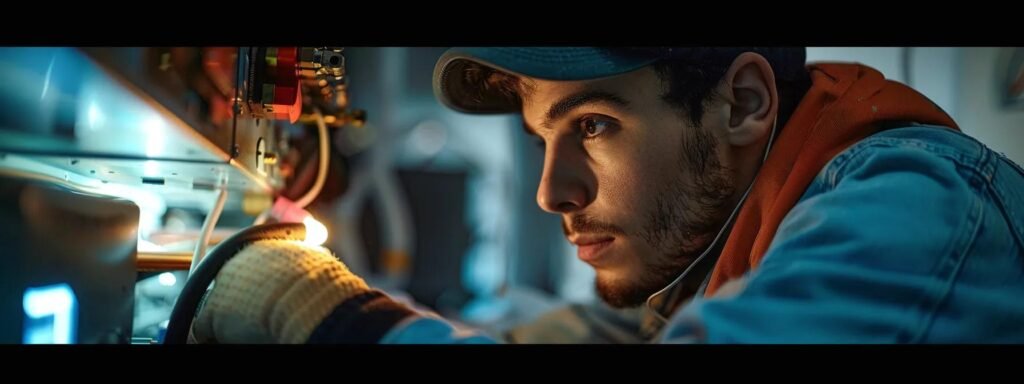 an hvac technician inspecting a heating system with a concerned expression, listening intently for strange noises and checking the thermostat display for error codes.