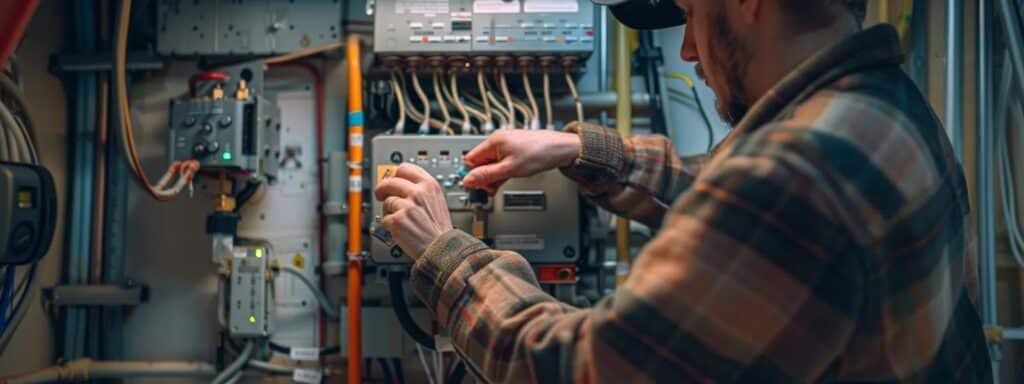 an image of a person replacing batteries in a thermostat, checking settings, inspecting a circuit breaker, changing an air filter, and cycling power on a heating unit to troubleshoot why the heater is not turning on.