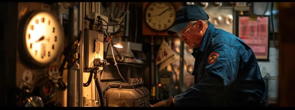 in a dimly lit room, a clock on the wall shows midnight as a repair technician in a uniform rushes to troubleshoot a malfunctioning furnace.