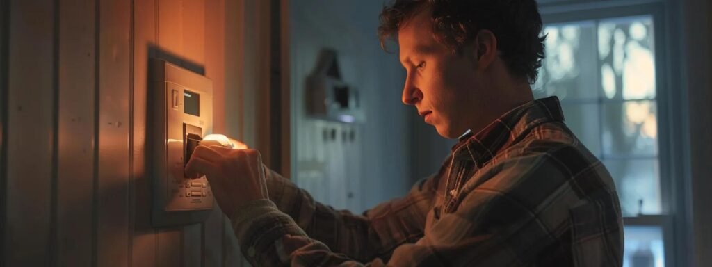 a person examining a thermostat with a furrowed brow while checking a circuit breaker box nearby.