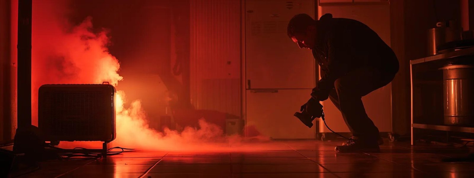 show a technician examining a smoking, sputtering heater in a dimly lit room.