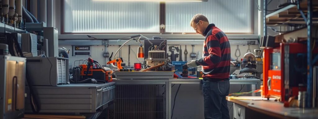 a skilled technician troubleshooting a malfunctioning heater, surrounded by tools and equipment in a well-lit repair shop.