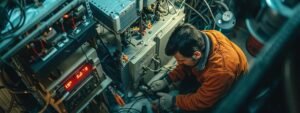 a skilled technician working diligently on a complex heater repair, surrounded by specialized tools and equipment.